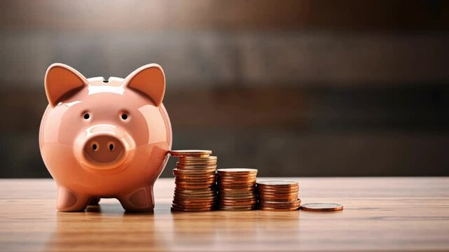 Piggy bank and stacked coins on a wooden surface symbolizing savings, financial planning, and investment strategy.