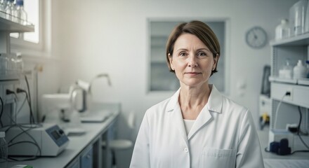 A scientist in a laboratory, looking confidently towards the camera