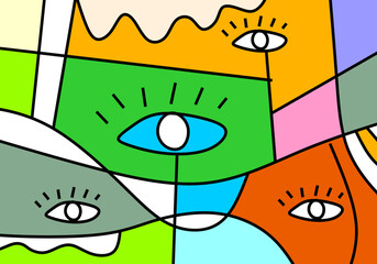 abstract face illustrations in modern cubism art style, focusing on expressive eyes.