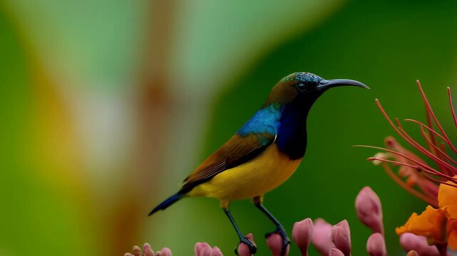 Vibrant sunbird perched on stem with pink buds and orange bloom in lush green environment in natural setting