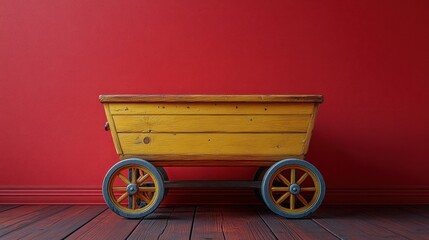 Rustic Yellow Wooden Cart Against Red Wall