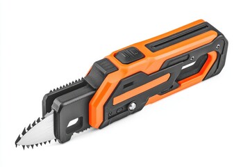 Naklejka premium Orange and black multi-tool knife with serrated blade.