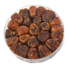 Dried dates in plastic box isolated on white background