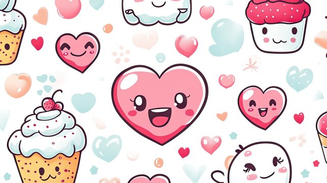 Cute kawaii pattern with cupcakes and hearts.