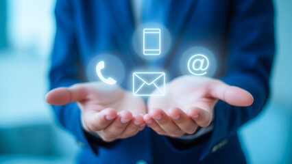 Businessman in Suit Holding Digital Communication Icons in Hands, Modern Technology Concept