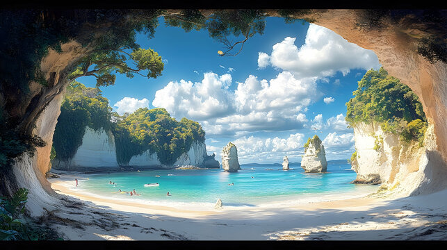 A picturesque beach cove with turquoise water and limestone cliffs.