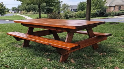 Newly stained picnic table on a green lawn