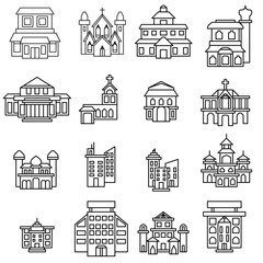 set of building icon in black line