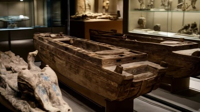Ancient Egyptian funerary boats and sacred objects on display at the museum showcasing historical artifacts from an ancient civilization.