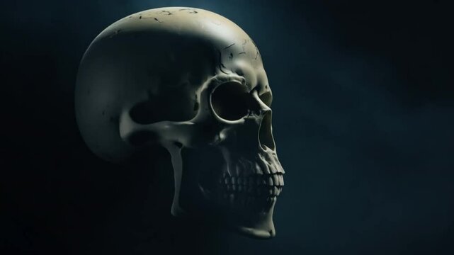 Eerie and Dramatic Human Skull Anatomy Detailed Bone Texture Against Dark Smoky Background, Highlighting Intricate Features and Contours