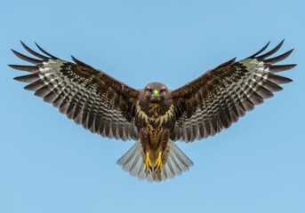 Majestic hawk soars against serene blue backdrop demonstrating avian power