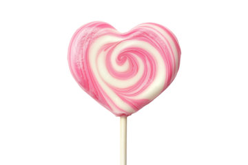pink and white lollipop in heart shaped on stick isolated on transparent background Generative Ai.