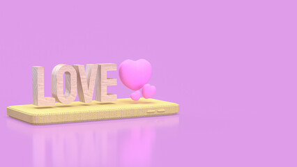 The Love wood text and Pink Heart on mobile  for  romance concept 3d Rendering.