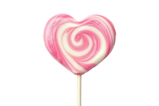 pink and white lollipop in heart shaped on stick isolated on transparent background Generative Ai.