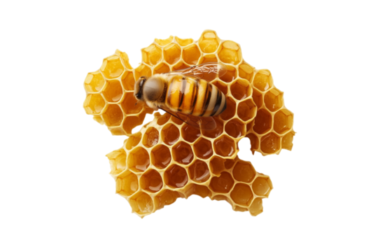 Honeybee on honeycomb piece isolated on transparent background