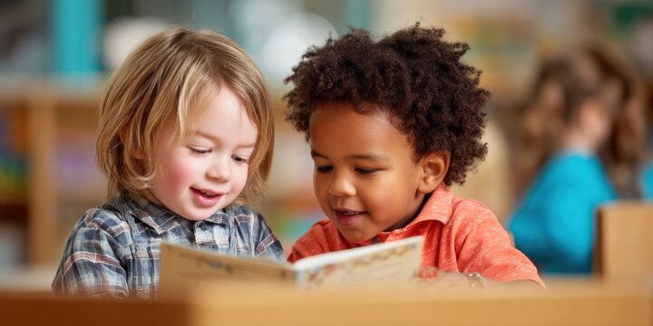 Diverse Preschool Students Reading Book Together in Classroom