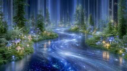 Obraz premium Magical Forest River Enchanted Stream Glowing Mushrooms Mystical Trees Fantasy Landsca