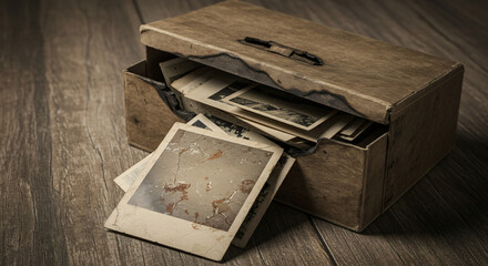 Old wooden box with vintage photos, for nostalgic memories and scrapbooking projects