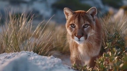 Majestic Cougar in Wild Grassland at Sunset