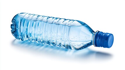 Refreshing hydration, closeup of a clear plastic water bottle on white background