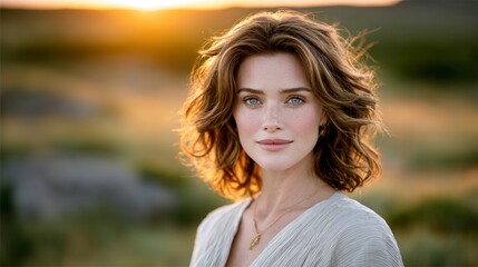Naklejka premium Beautiful Woman Golden Hour Portrait Natural Light Outdoor Freckles Wavy Hair Soft F