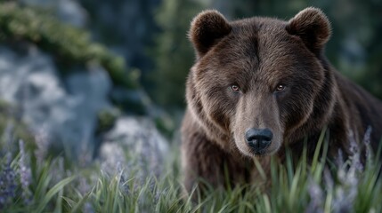 Fototapeta premium Majestic Brown Bear in Wild Grassland Nature Photography