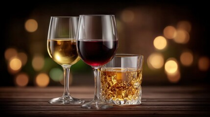 Naklejka premium Wine Whiskey Beer Tasting Dark Wood Table Festive Lights