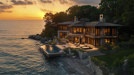 Obraz premium Luxurious oceanfront property with stunning sunset views and serene atmosphere