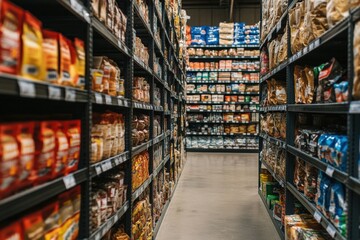 Fototapeta premium Aisle view of packed grocery store shelves featuring various food products