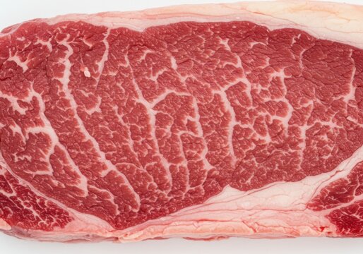 A close view of a raw ribeye steak with marbling on a plain white background