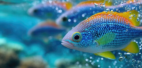 Beautiful school of fish swimming in the sea, an underwater world with beautiful colors against a blue background.