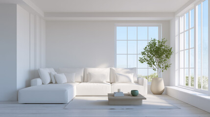 Fototapeta premium Bright minimalist living room with clean modern furniture and soft natural light, embodying serene Scandinavian simplicity.