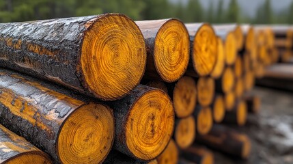 Stacked Lumber Logs in Forest Setting
