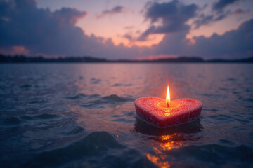 heart shaped candle floating on top of a body of water