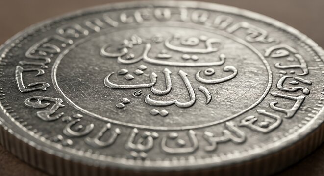 Close-up of an Antique Silver Coin with Arabic Calligraphy