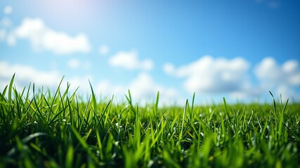 Fototapeta premium Lush green grass field under a vibrant blue sky with fluffy white clouds on a sunny day.