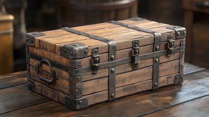 Antique Wooden Chest with Metal Clamps
