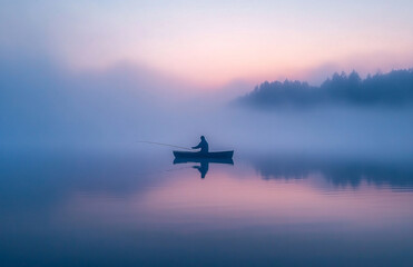 Solitary angler casts into the tranquil embrace of a foggy lake at dawn