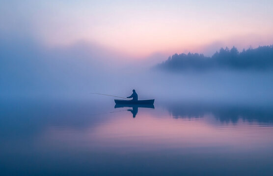 Solitary angler casts into the tranquil embrace of a foggy lake at dawn