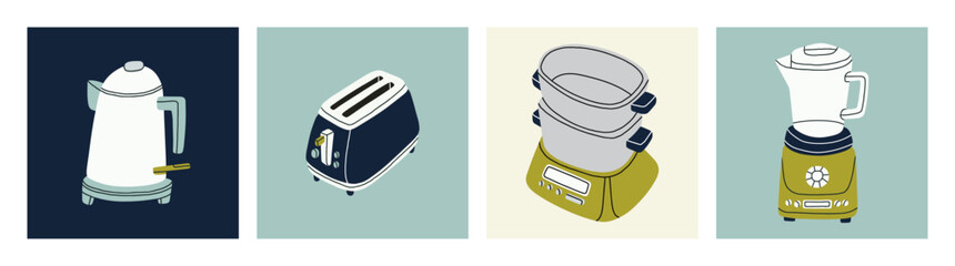 Set of posters with an electric kettle, a toaster, a steamer and a mixer. 
Good for representing kitchen appliances in product listings, instruction manuals, or cooking tutorials. Vector illustration.