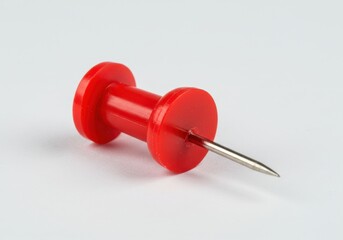 A close up view of a single, vibrant, crimson pushpin resting on a plain backdrop