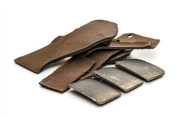 Assorted pieces of brown leather and metal.