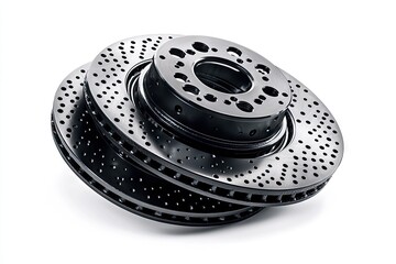 Black automotive brake rotors stacked in a  shot.