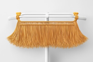 Mustard yellow fringe trim displayed on a white rod.