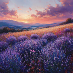 Fototapeta premium Field of lavender flowers in a painting.