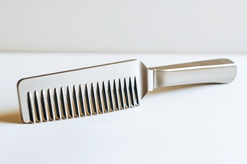 Polished metal comb lying on a light surface.