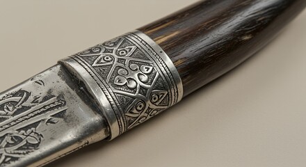 Close-up of an Ornate Dagger with Intricate Silver and Wood Details