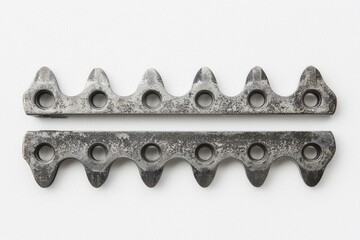 Two parallel metal strips with rows of small holes and pointed ends.