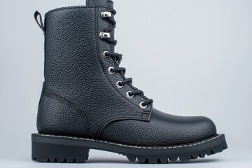 Stylish black leather work boots with durable tread.