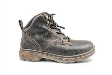 Dark brown leather work boot on a white background.